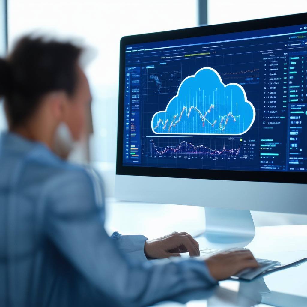 a professional using computer and computer displaying analytics of cloud data
